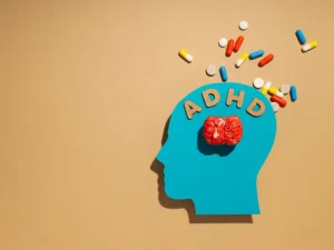 Blue profile silhouette of a head with a red brain and the letters ADHD above it, pills spilling outward to illustrate ADHD treatment awareness.